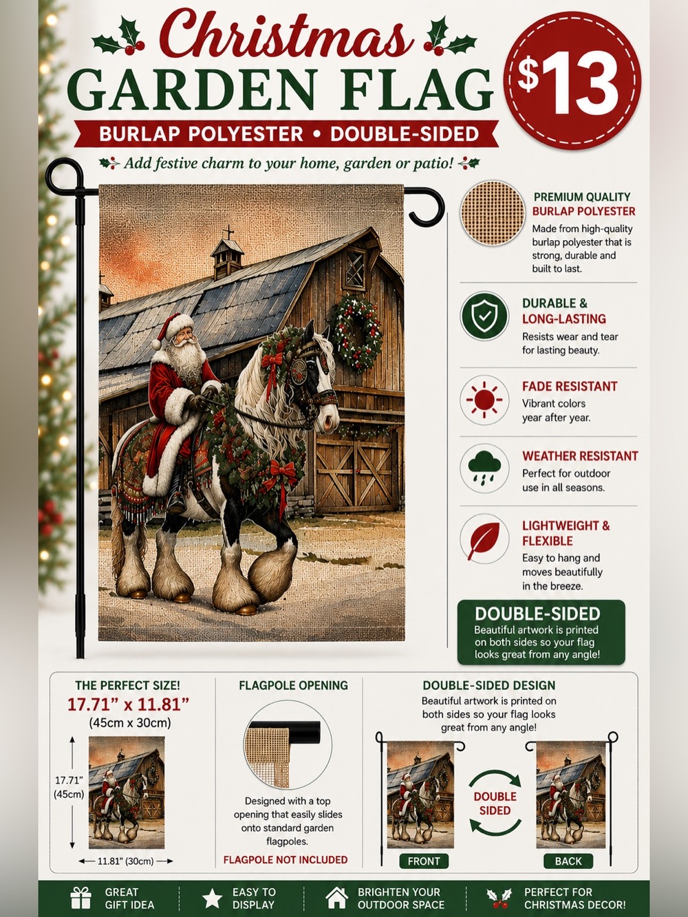 Garden Flag, Christmas Santa on horse, thick burlap polyester, double-sided